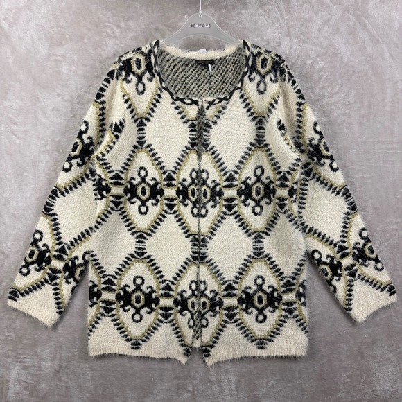 Alberto Makali Sweaters - Alberto Makali XL Fuzzy Metallic Geometric Diamond Knit Cardigan Cream Statement